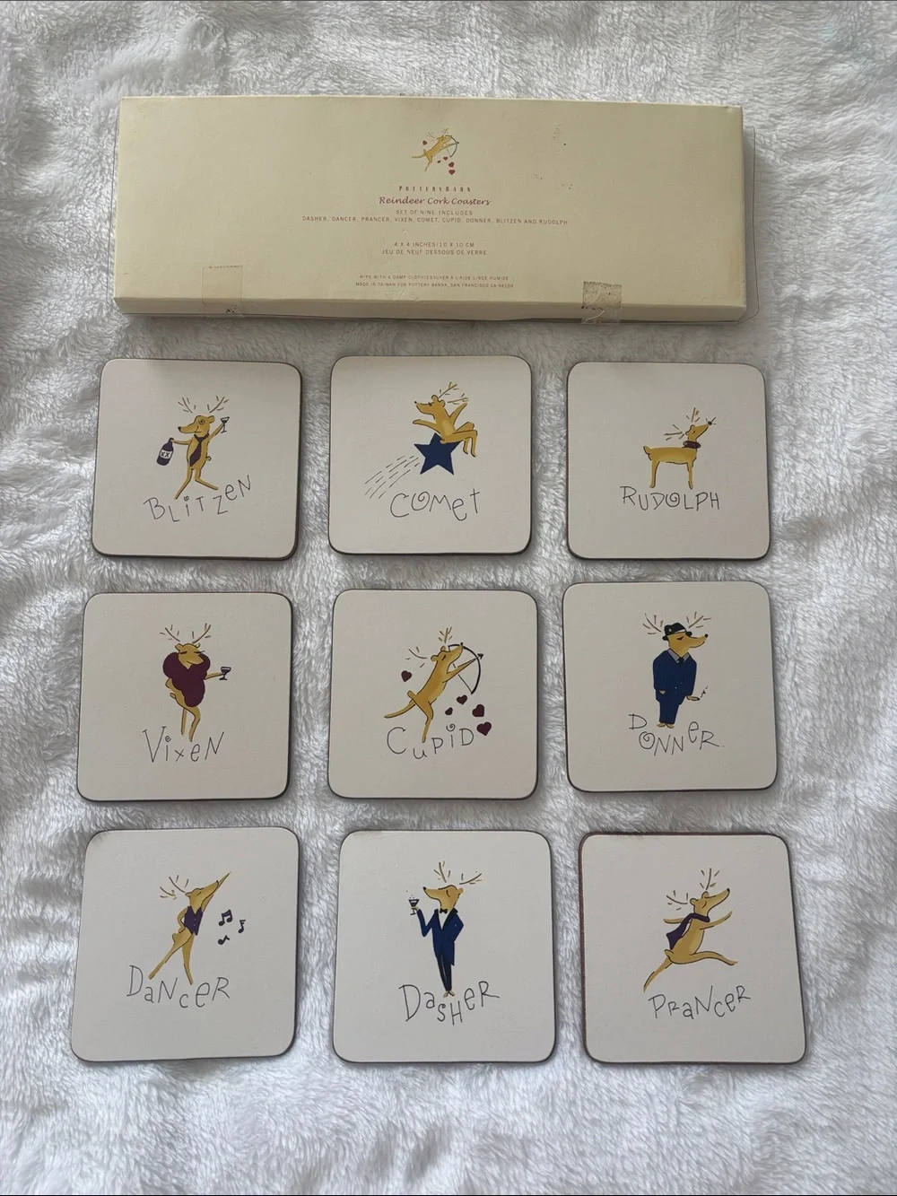 Pottery Barn Holiday Reindeer Cork Coaster Set in Cream, Gold, Navy